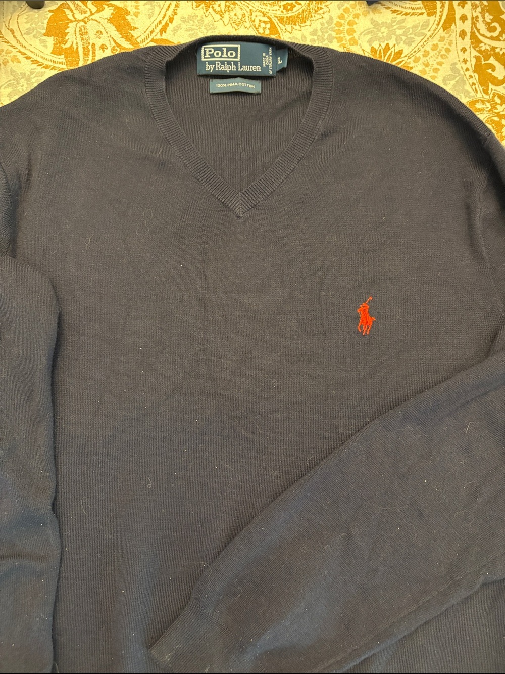 Polo by Ralph Lauren Men's Dark Navy V-Neck Sweater with Red Pony